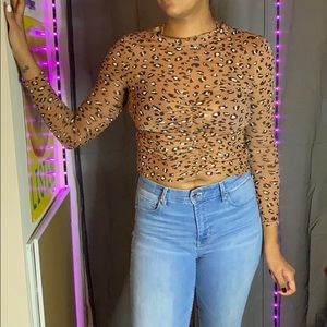 Sheer neck crop top long sleeve
